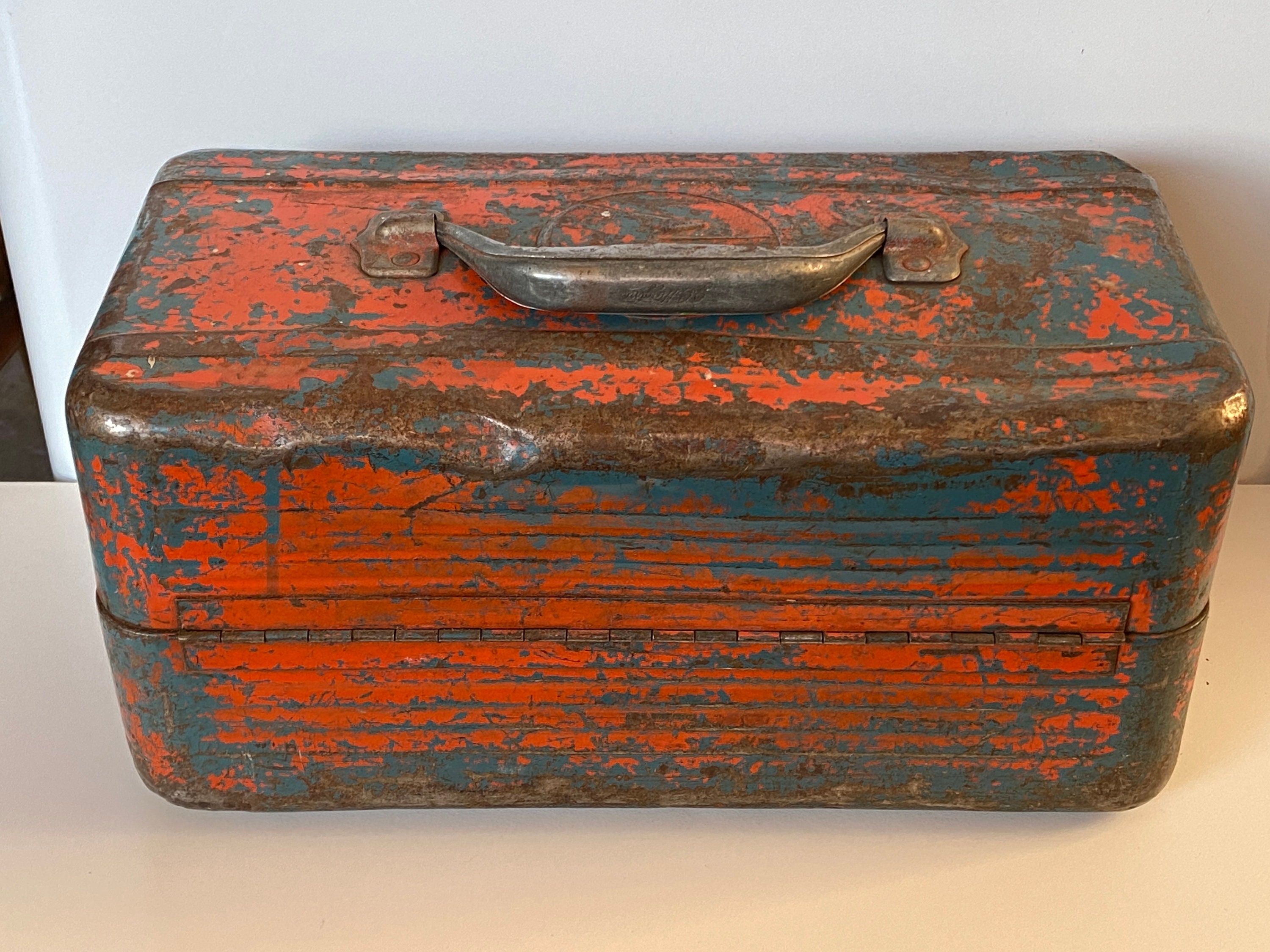 Vintage Orange & Blue Metal Fishing Tackle Box 