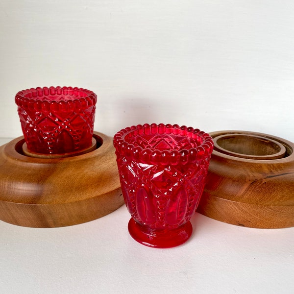 Pair of Oregon Myrtlewood Candle Holders with Red Votives