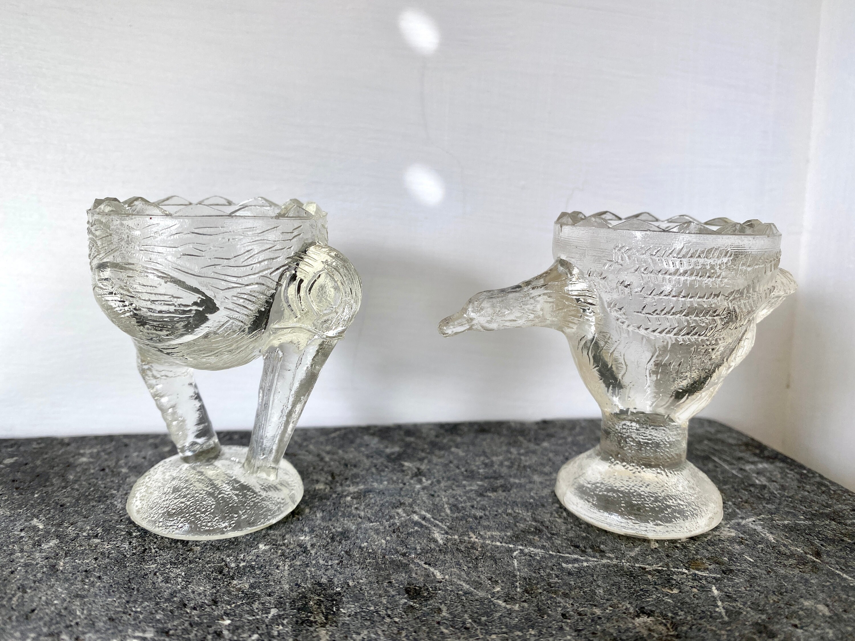 Vintage Egg Cups, Glass Bird, Stork and Goose, Egg Cups, Clear Figural