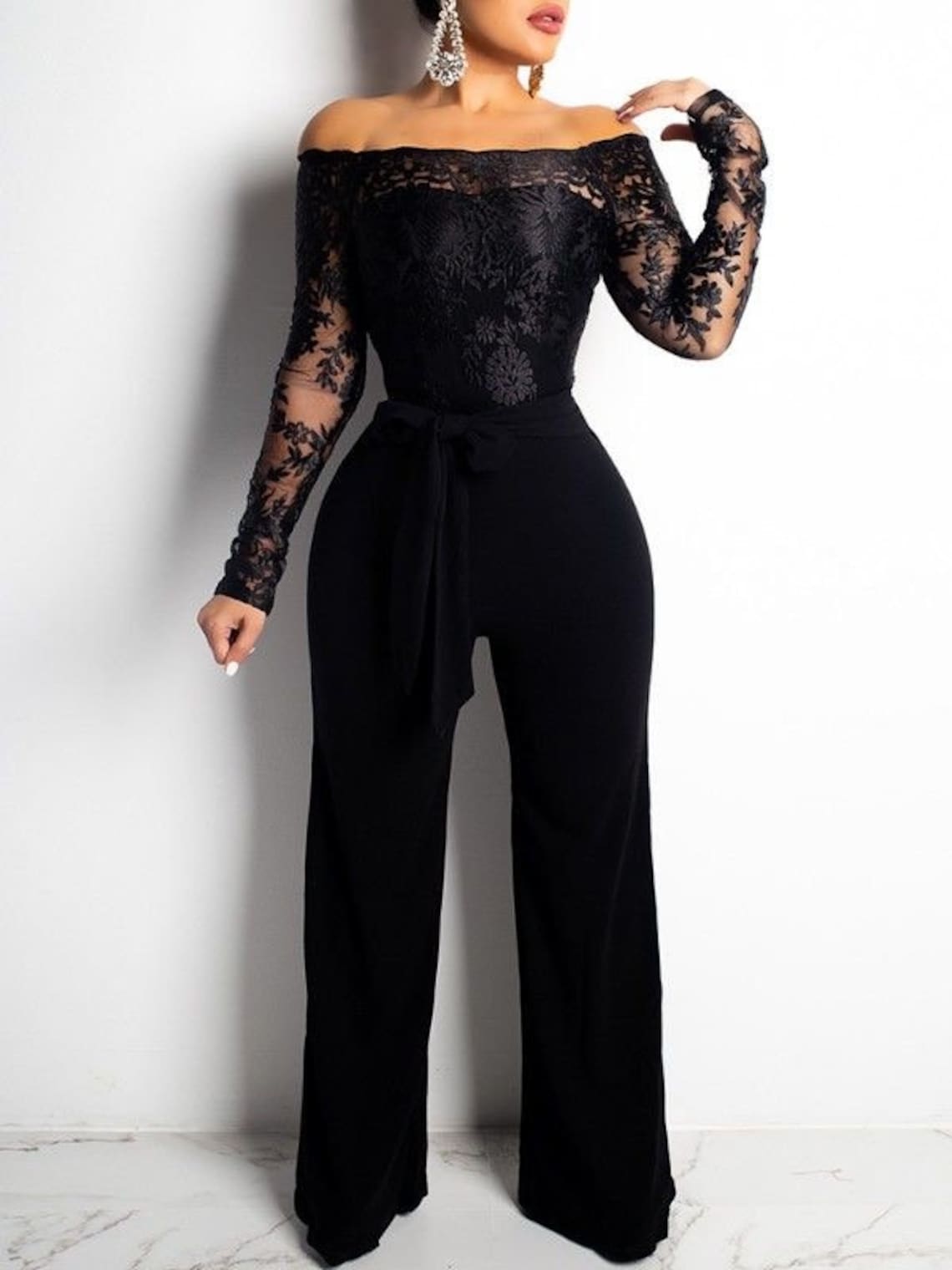 Black lace wedding jumpsuit with belt sexy black dress 078 | Etsy