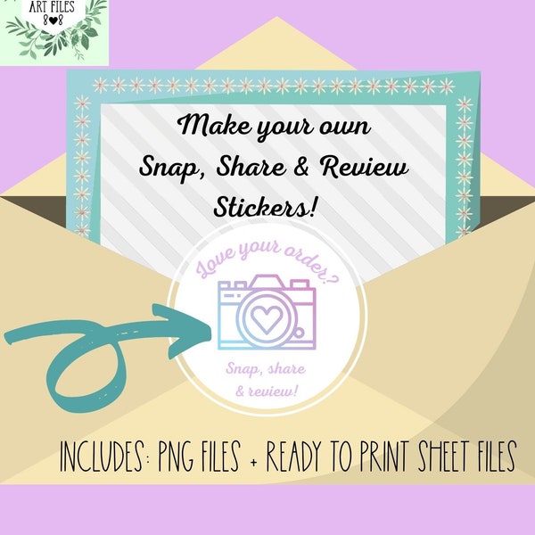 Snap Share Review Stickers, PNG, SVG ,PDF File, Pastel sticker sheets, print at home stickers, Etsy Seller Stickers, Cricut, Cameo