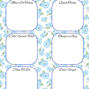 Könnte beinhalten: Eine Planerseite mit blau-weißem Blumenmuster. Sie hat sechs Abschnitte mit Überschriften wie "Must Do Today" und "Quick Tasks". Der Titel "Principal Brain Dump" steht oben.