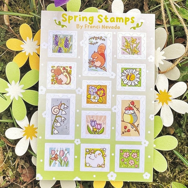 Frühling Ostern Briefmarken Sticker Blumen Dekoration /Spring Easter Stamp Stickers / Aufkleber 12 Frühlingsmotive/ Scrapbooking Geschenk