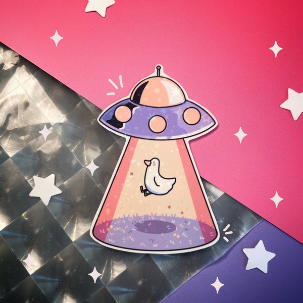 Vinylsticker met glitter en eendje in UFO-stijl / Holografische sticker van een eend in een ruimteschip, waterbestendig / Sciencefiction cadeaudecoratie