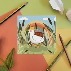 Pato com mochila escolar - impressão artística/cartão postal/impressão artística/pato com mochila/cartão postal/escola/ideia para presente/cottagecore