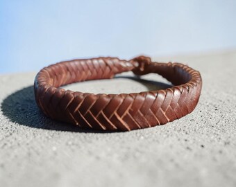 Minimalist leather wristband for men, Braided brown bracelet for him, Elegant everyday bracelet, Exclusive gift for husband