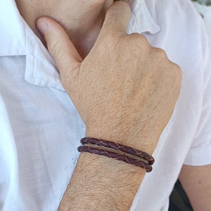 Double wrapped braided bracelet, Dark brown mens leather bracelet with stainless steel stop-bead, Birthday gift for men, Leather gifts