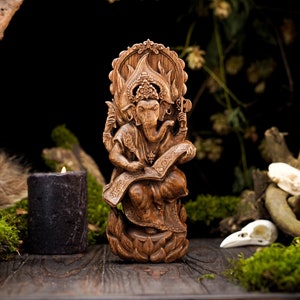 Ganesha wooden statue, Indian god statue, wooden statue, pagan figurine, Hindu religion, Ganesh figurine, Indian mythology