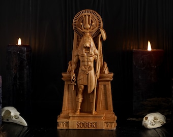 Estátua egípcia de Sobek, deus egípcio, deuses egípcios, deuses do antigo Egito, estátua de madeira, paganismo, altar pagão