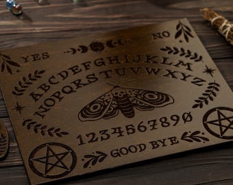 Wicca-ouijabord, houten ouijabord met planchette, occulte hekserijgeest, spiritualiteitheksenbord, geestenbord, praatbord,