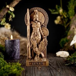 Wooden Artemis statue, wooden greek goddess statue, greek gods pantheon, greek mythology, carved goddess statue, Artemis greek goddess