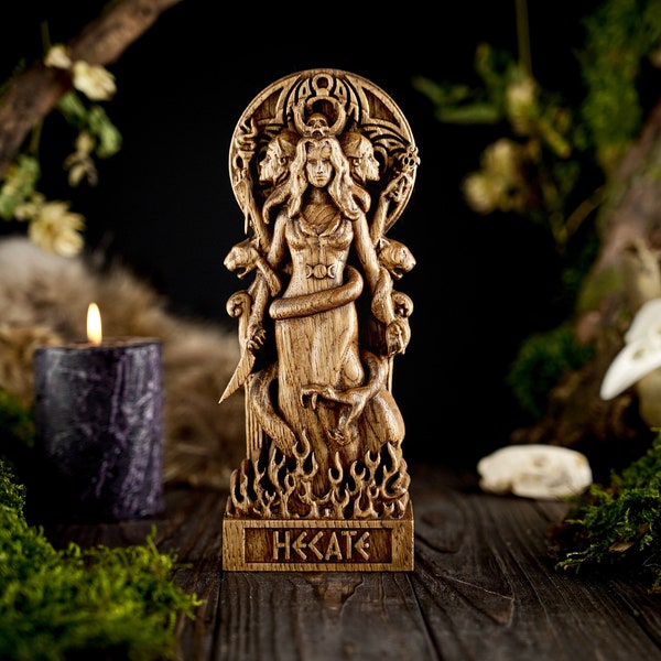 Statue d'Hécate en bois, statue de déesse grecque, triple déesse Hécate, mythologie grecque, statue de déesse sculptée, déesse grecque d'Hécate