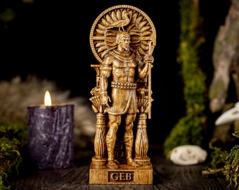 Geb, deus egípcio, estátua do deus Geb, deuses do antigo Egito, estátua de madeira, mitologia do antigo Egito, paganismo, estátua pagã de madeira