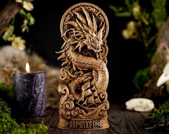 Jormungand wooden statue, norse dragon figure, carved Jormungand statue, viking mythology, norse god statue, carved viking gods,norse statue