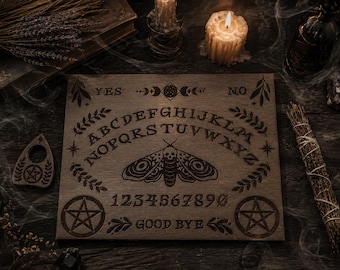 Tavola Ouija Wicca, Tavola Ouija in legno con planchette, Spirito della stregoneria occulta, Tavola della strega della spiritualità, Tavola degli spiriti, Tavola parlante,