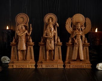 Set Egyptische goden: NEPHTHYS, HORUS, THOTH, Egyptisch standbeeld, heidense goden, Egyptisch heidendom, Egyptische mythologie, Egyptisch altaar, houten goden