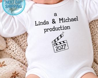 Custom Cinema Onesie®, Baby Shower Gift, Personalized Baby Onesies®, A Mom and Dad Production, Pregnancy Announcement, New Mom Gift