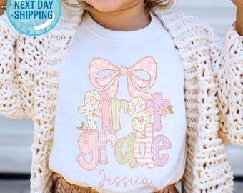 Custom Kids Name Back To School First Grade Shirt, Personalized Preppy 1st Grade Shirt for Girls, Elementary First Day Of School Outfit