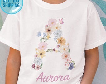Personalized Floral Initial Kids Shirt, Custom Name Flower Tee, Girls Birthday or School Outfit