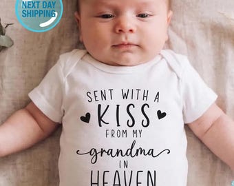 Sent With A Kiss From My Grandma In Heaven Onesie®, Custom Baby Bodysuit, Baby Shower Gift