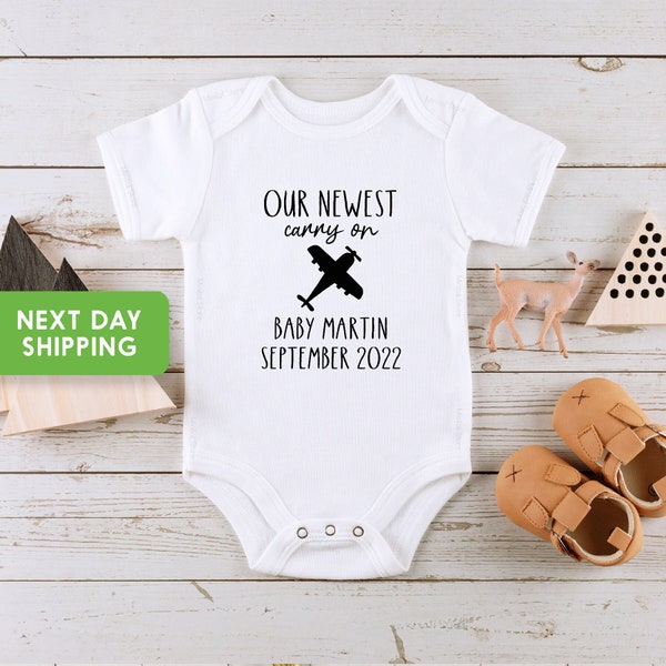 Baby Announcement Personalized Onesie®, Our Newest Carry On Custom Bodysuit, Cute Baby Shower Gift or Pregnancy Reveal Onesie®