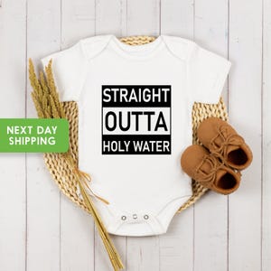 Funny Holy Water Baptism Onesie®, Christian Baby Bodysuit and Christening Gift for Newborns image 2