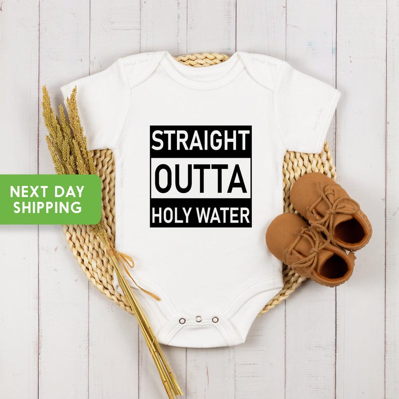 Funny Holy Water Baptism Onesie®, Christian Baby Bodysuit and Christening Gift for Newborns image 2