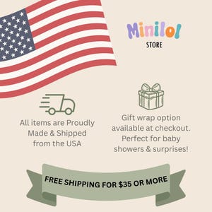 The image is an advertisement for a store called "Minirol" that sells baby shower gifts. It features an American flag in the background and highlights the store's pride in making and shipping items from the USA, as well as offering a gift wrap option available at checkout. The ad also mentions that the store is free to ship items for $35 or more.
