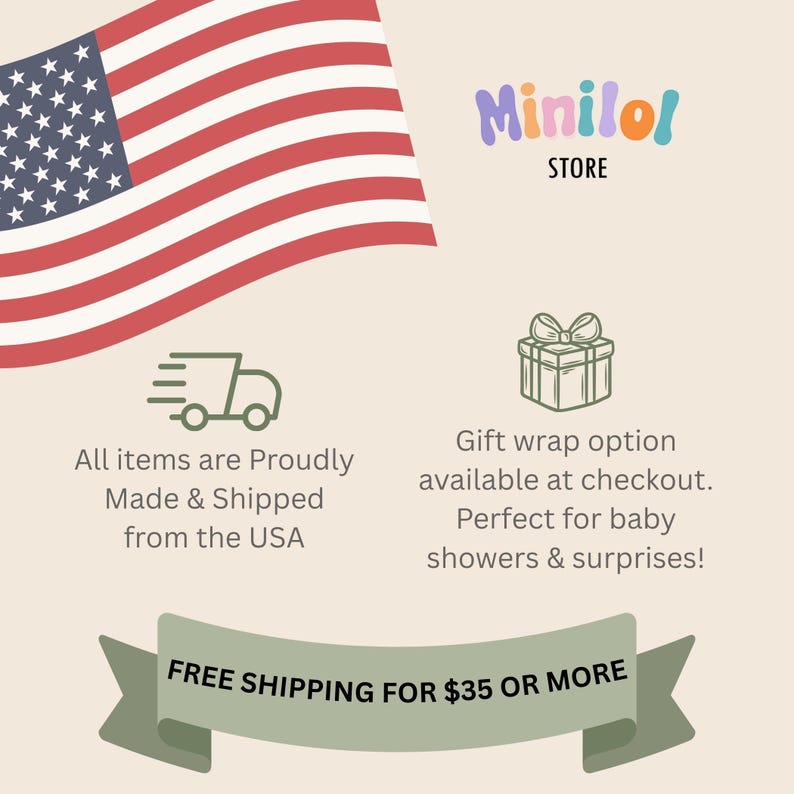 The image is an advertisement for a store called "Minirol" that sells baby shower gifts. It features an American flag in the background and highlights the store's pride in making and shipping items from the USA, as well as offering a gift wrap option available at checkout. The ad also mentions that the store is free to ship items for $35 or more.