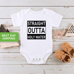 Funny Holy Water Baptism Onesie®, Christian Baby Bodysuit and Christening Gift for Newborns image 3