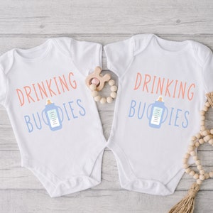 Twin Drinking Buddies Onesie® Set, Twin Onesie®, Twin Baby Shirt, Funny Twin Bodysuit, Twins Baby Shower