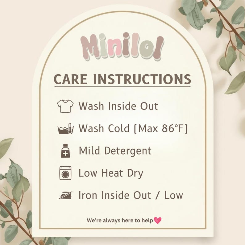 a care instructions sign with icons for washing different types of clothes, such as a t-shirt, cold, mild detergent, low heat dry, ironing, and ironing inside out. The sign provides guidance on how to properly care for the clothes, and it is accompanied by a heart symbol at the bottom, indicating that the image is a helpful resource for users.
