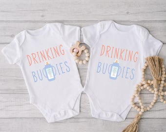 Twin Drinking Buddies Onesie® Set, Twin Onesie®, Twin Baby Shirt, Funny Twin Bodysuit, Twins Baby Shower