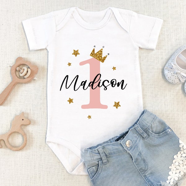 Personalized Birthday Baby Girl Onesie®, Baby Girl Name Outfit, Custom 1st Birthday Girl Bodysuit, 1 Years Old Birthday Gift