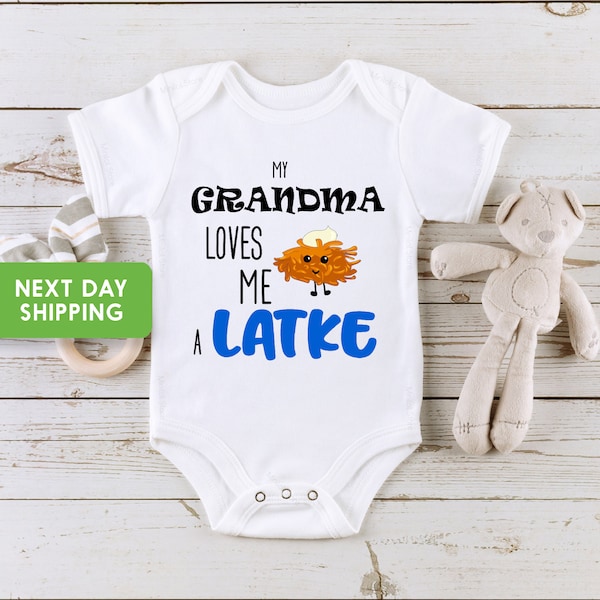 Grandma Loves Me A Latke Grandma Baby Onesie®, Jewish Baby Shower Gift, Funny Hanukkah Baby Onesie®, Hanukkah Bodysuit