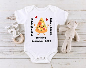 Personalized Due Date Pregnancy Announcement Onesie®, Special Delivery Baby Reveal Bodysuit, Pizza Delivery Onesie® for Baby Announcement