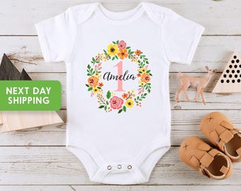 Custom First Birthday for Girl, One Baby Bodysuit, Personalized Floral 1st Birthday Onesie®, First Birthday Bodysuit, Birthday Baby Onesie®