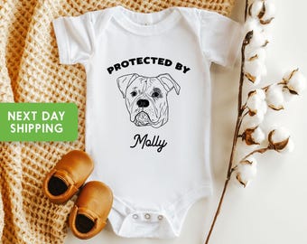 Protected By Dog Onesie®: Personalized Dog Name Baby Shower Gift Outfit
