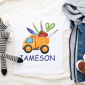 Custom Name Dump Truck T-Shirt, Personalized School Shirt for Kids, Boys Back to School Graphic Tee