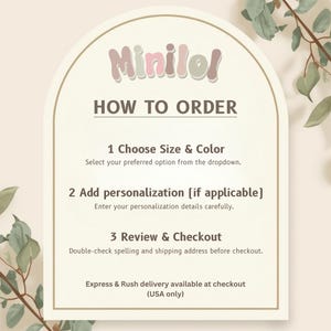 The image is a step-by-step guide on how to order a product, with a focus on the process of adding personalization and reviewing the order.
