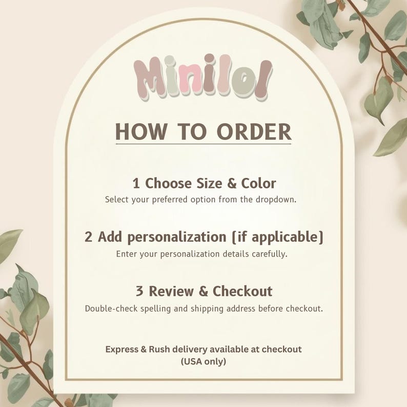 The image is a step-by-step guide on how to order a product, with a focus on the process of adding personalization and reviewing the order.