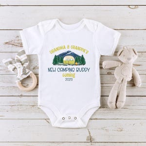 Personalized Pregnancy Announcement Grandparent or Uncle and Aunt Onesie®, Baby Reveal Grandma and Grandpa, Camping Buddy Baby Announcement
