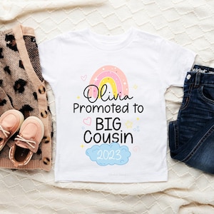 Promoted To Big Cousin Toddler, Personalized Shirt, Cousins Kids Personalized T-Shirt, Gift Siblings Kids Top Older Cousin Girl Rainbow