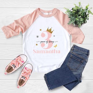 Personalized 3rd Birthday Raglan 3/4 Shirt, Custom 3rd Birthday Shirt, Kids Girl Name Shirt, Three Years Old Birthday Gift