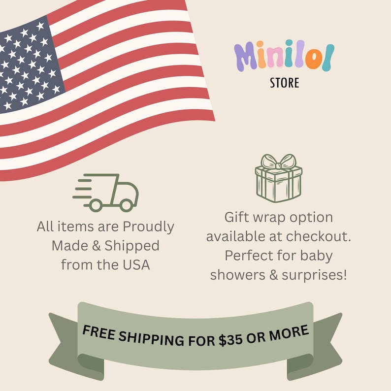 The image is an advertisement for a store called "Minirol" that sells baby shower gifts. It features an American flag in the background and highlights the store's pride in making and shipping items from the USA, as well as offering a gift wrap option available at checkout. The ad also mentions that the store is free to ship items for $35 or more.