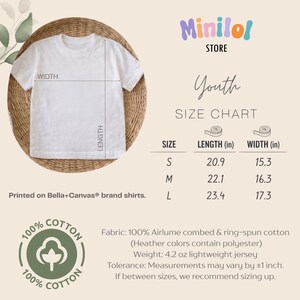 a white t-shirt with measurements and a size chart for youth, printed on a Bella+Canvas® brand shirt.