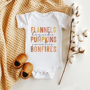 Pumpkins, Hayrides, Flannels Sweaters, Bonfires, Favorite Things Onesie®, Fall Baby Onesie®, Cute Pumpkin Gift, Fall Outfit For Girl