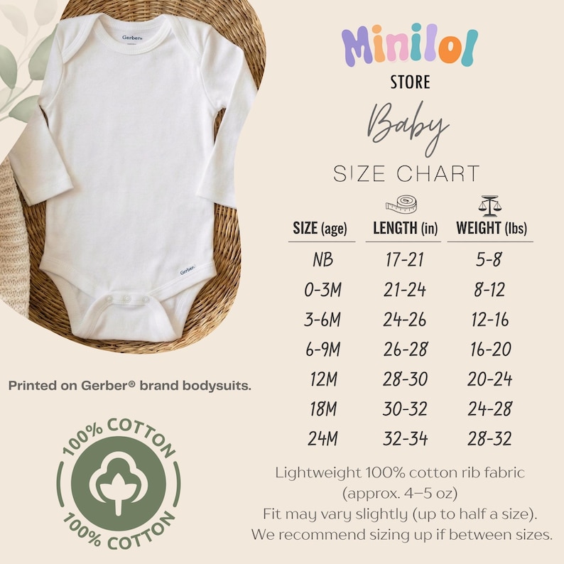 The image is a size chart for a baby's clothing, including a baby onesie and a size chart for different age groups. The chart provides measurements for the baby's length, weight, and age.