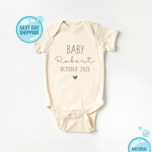 Personalized Announcement Baby Onesie® Expecting Due Date Personalized Retro Name Bodysuit Natural Coming Soon Onesie®