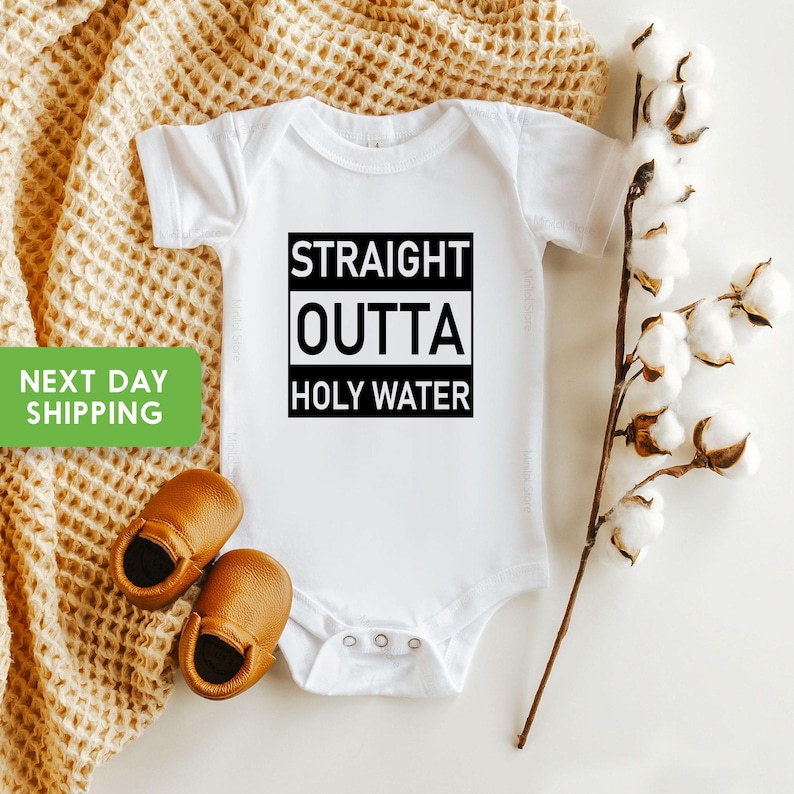 Straight Outta Holy Water Onesie® with funny baptism baby bodysuit design